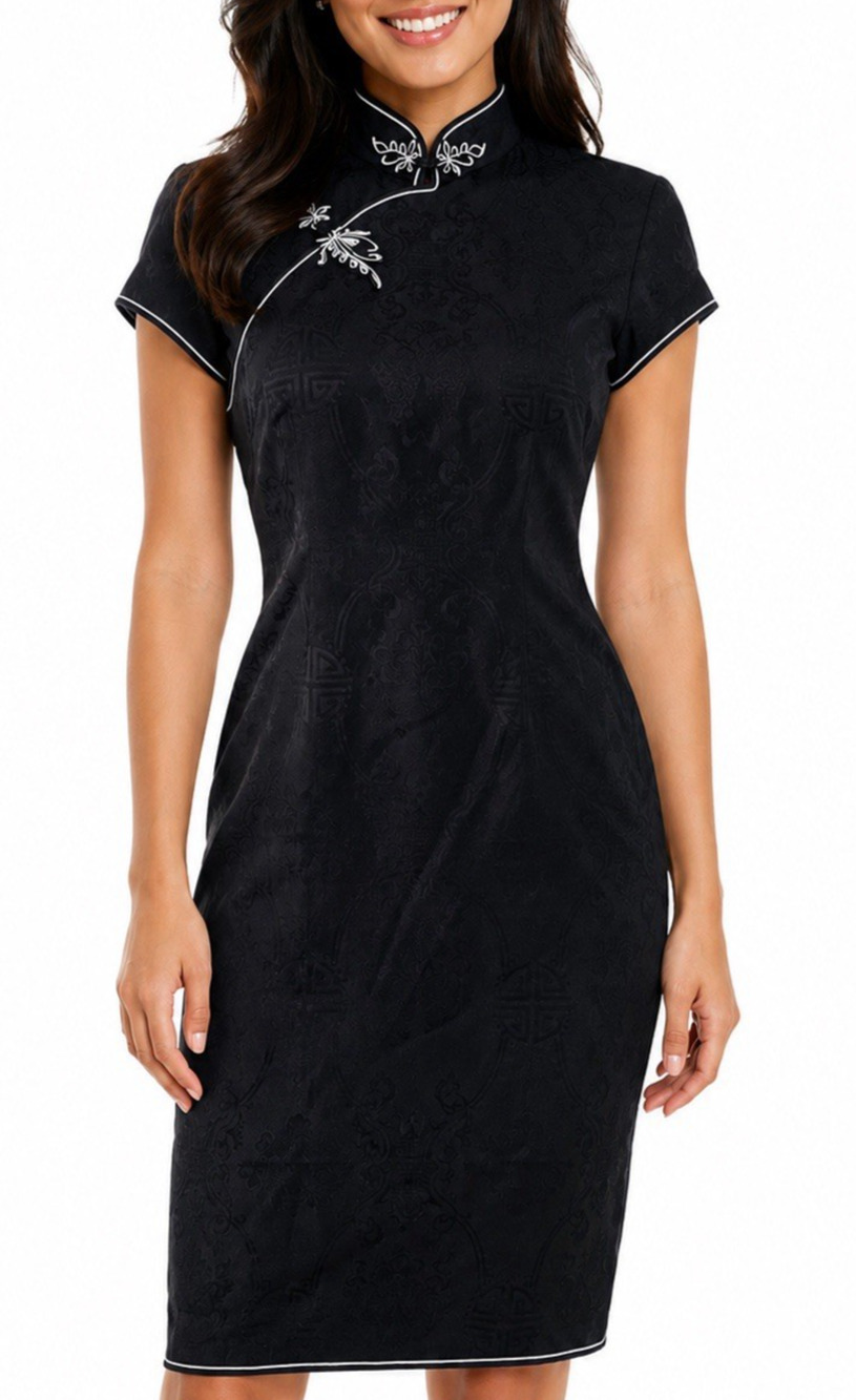 Shanghai Tang Silk Qipao Dress Black Knee Length Jacquard Sort Sleeve 8 S White